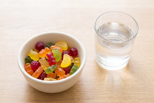 Colorful Childrens Gummy Vitamins in Bowl Next to Water