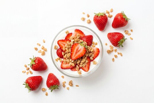 Yogurt Parfait with Granola and Fresh Strawberries on White Background
