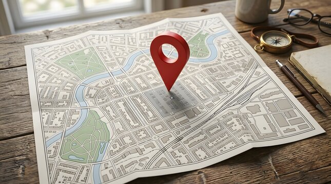 Red map marker pinpointing a location on a city map, with a compass and notebook nearby