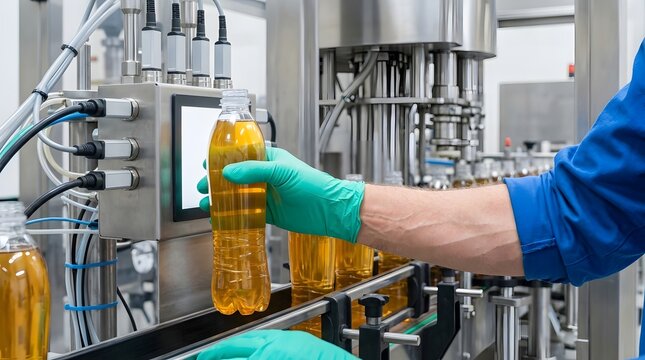 Worker Holding Yellow Beverage Bottle on Production Line