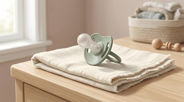 Aesthetic flat lay of a baby pacifier and rattle on a soft blanket, perfect for nursery or baby care content