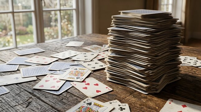 A large stack of playing cards scattered on a wooden table near a window, ready for a game
