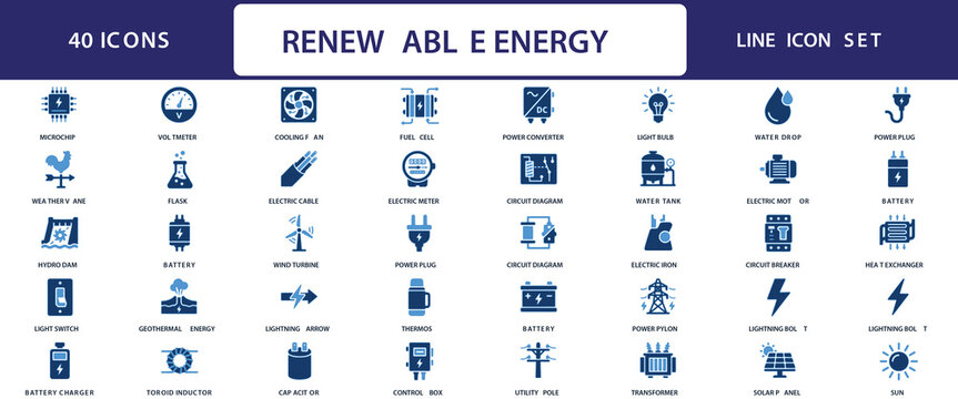 Renewable energy line icon set featuring electrical components and power generation symbols alternative circuit breaker