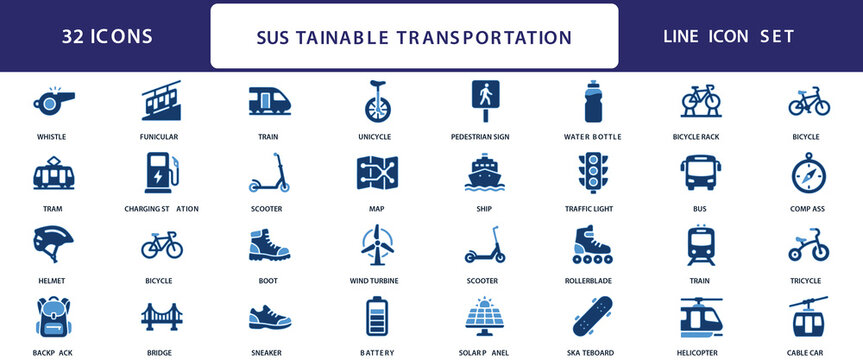 Sustainable transportation line icon set features various modes of eco friendly travel and equipment bicycle