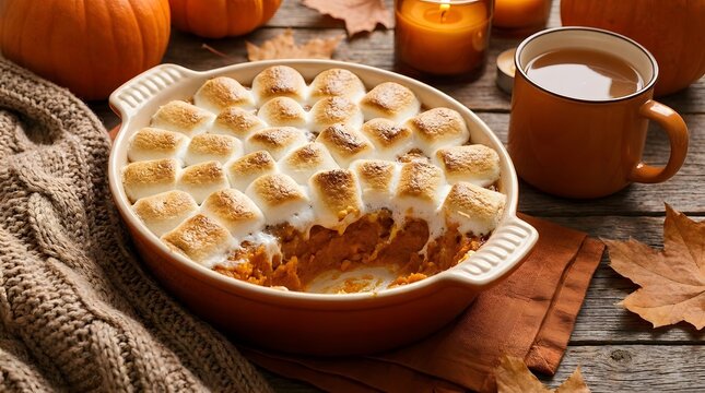 Sweet potato casserole topped with toasted marshmallows on a cozy autumn table.