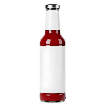 Glass bottle of red sauce with blank label isolated on white.