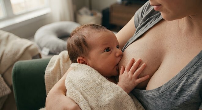 Macro photo of a newborn baby latched during breastfeeding with glossy lips and looking up at mother, digital AI illustration