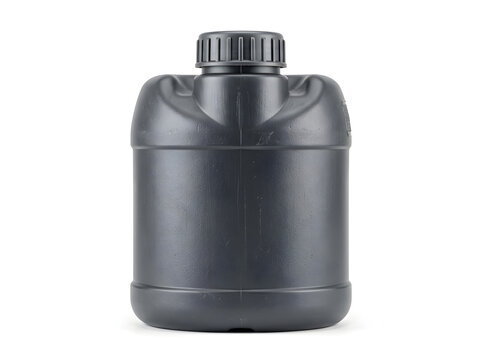 Large black industrial plastic jerrycan with screw cap on white floor.