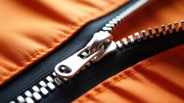 Close-up of metal zipper on orange jacket fabric.