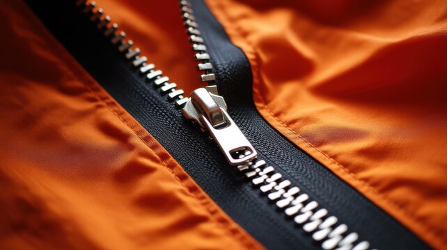 Macro view of silver zipper on orange material.