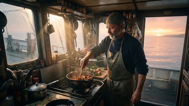 Mature fisherman cooking a fresh meal in a small rustic galley kitchen onboard a fishing boat at sunset