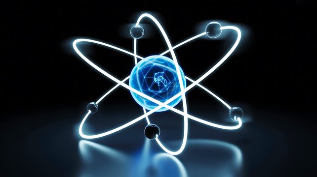 Atomic science concept with glowing nucleus and orbiting electrons