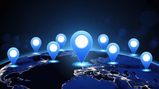 Global network connection with blue location pin markers on world map at night