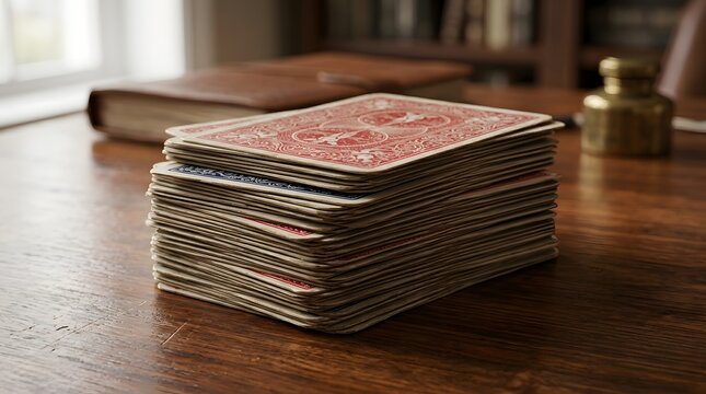 Stack of playing cards on a wooden table, ready for a game of chance or a magic trick