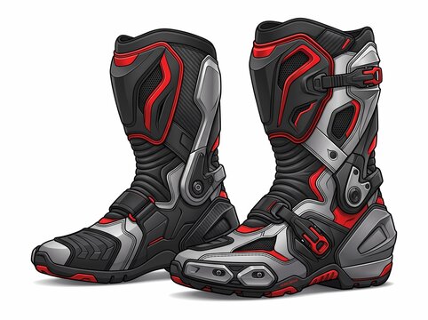 Detailed illustration of professional protective motorcycle boots in red and black