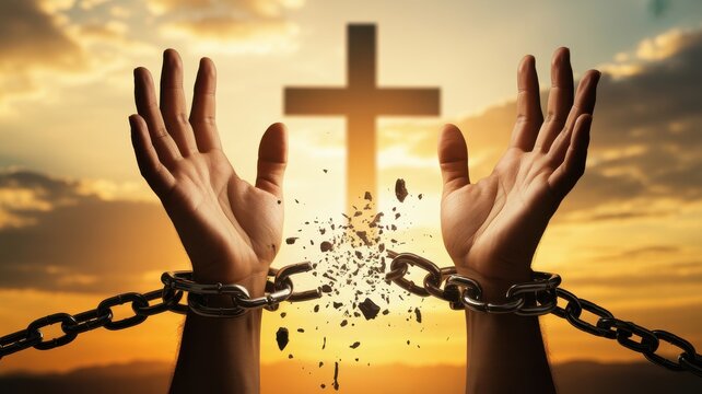 Hands breaking metal chains before a cross at sunset