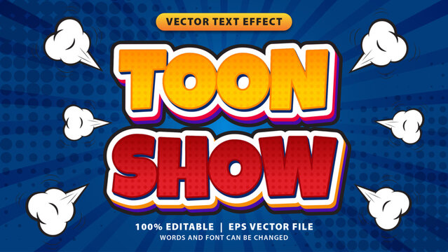 Comic style graphic of toon show text effect with colorful letters on a blue background with white clouds. Suitable for comic book covers or childrens posters.