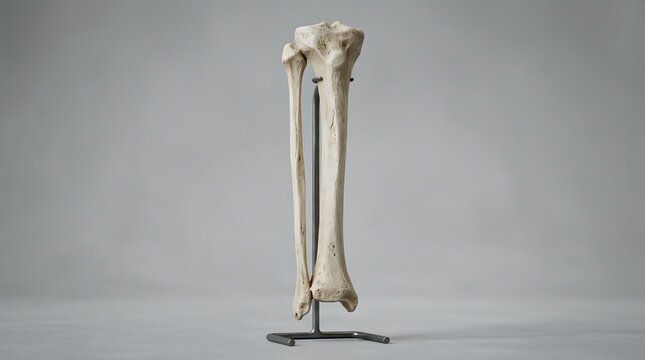 Anatomical model of a human tibia and fibula bone set against a plain background, showcasing skeletal structure and medical education