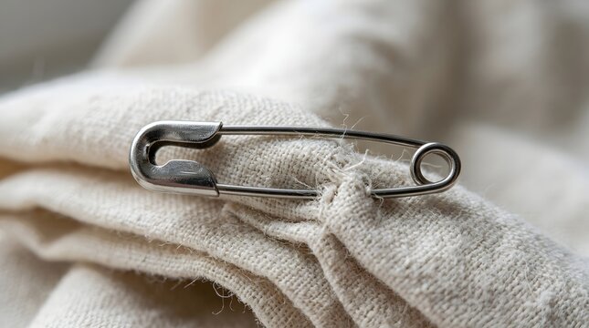 A safety pin is used to secure fabric together, often for temporary mending or holding garments in place
