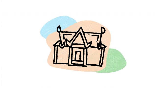 An animated hand drawn traditional Thai temple landmark icon. Excellent for Thailand travel, Southeast Asian tourism, cultural heritage, and travel apps.