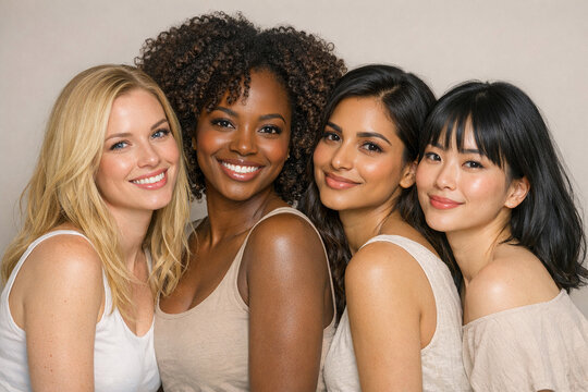 Four women, diverse ethnicity and appearance, posing together