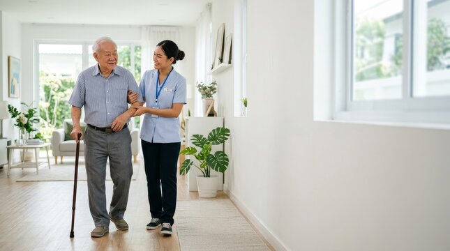 Senior man walking with caregiver in bright hallway.