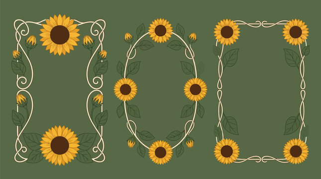 Art nouveau yellow sunflower decorative frames set with sunflower decorative ornament illustration greeting invitation template botanical composition collection background romantic