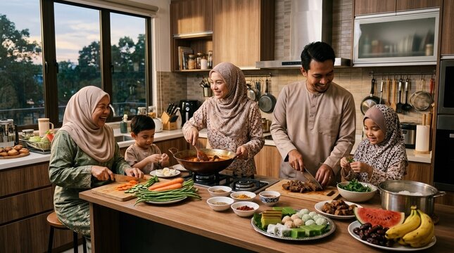 Happy family cooking together in modern kitchen.