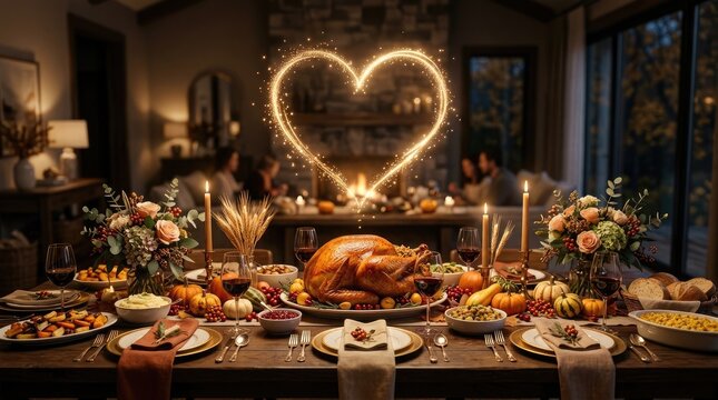 Cozy family Thanksgiving dinner table with roasted turkey and magical golden heart glow