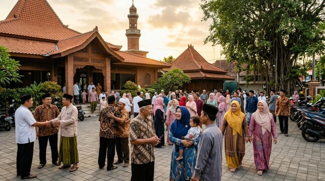 Traditional Mosque Gathering with Community in Cultural Attire.