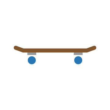 Minimalist flat vector illustration of brown skateboard with blue wheels on white background
