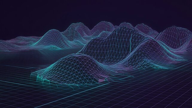 Wireframe mountain surfaces on grid planes, showing abstract mathematical terrain and geometric visualization 