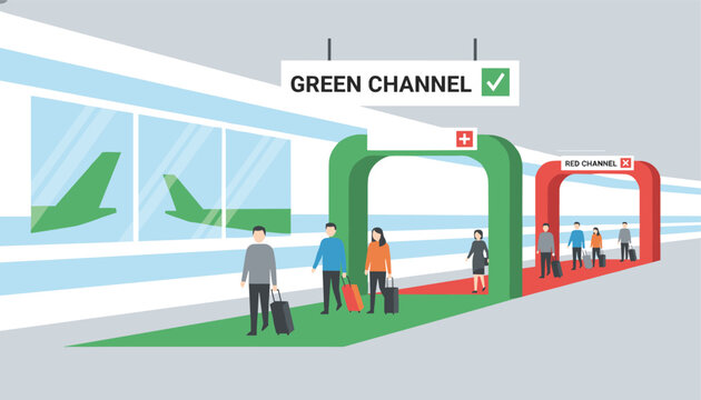 Passengers with luggage walking through green customs channels for nothing to declare and red channels for goods to declare.
