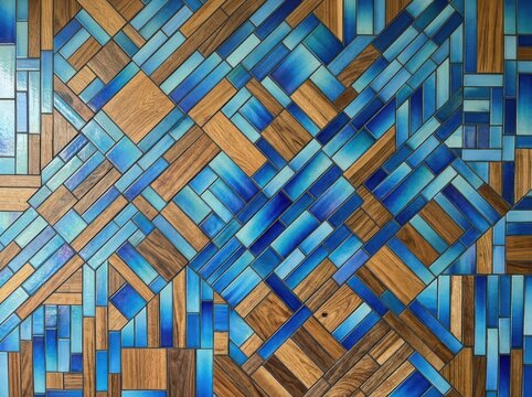 An abstract composition of interwoven blue and golden rectangles creating a dynamic textured visual experience