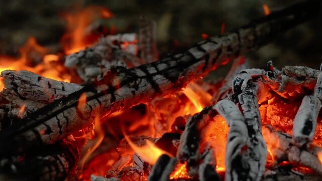 Seamless loop of glowing hot campfire charcoals and flickering flames. Seamless video loop capturing glowing hot charcoal, wood embers, and flickering flames of a campfire