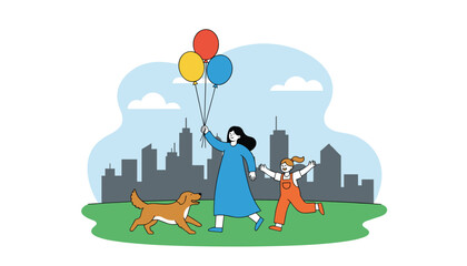 Naklejka premium Happy woman and child holding colorful balloons while walking with their dog in a city park with skyline background.