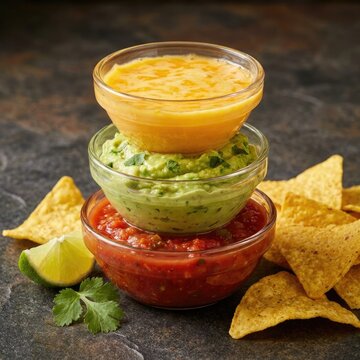 Stack of glass bowls with salsa, guacamole, queso dip and tortilla chips