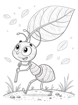 Cartoon ant carrying a stick in a nature scene
