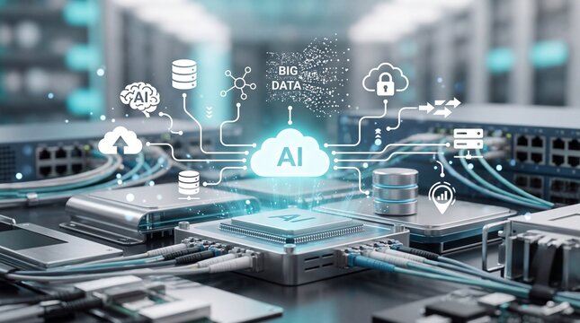 Artificial intelligence and big data cloud computing concept. Digital AI processor chip on motherboard circuit with glowing icons and network cables in data center server room