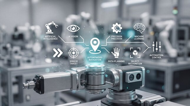 Smart factory industrial robotic arm with digital interface. Artificial intelligence and autonomous navigation system icons for precision manufacturing and machine learning automation