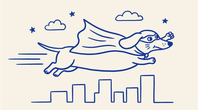 Cute super hero dog flying over city skyline vector illustration with superhero dachshund building illustration imagination childish character