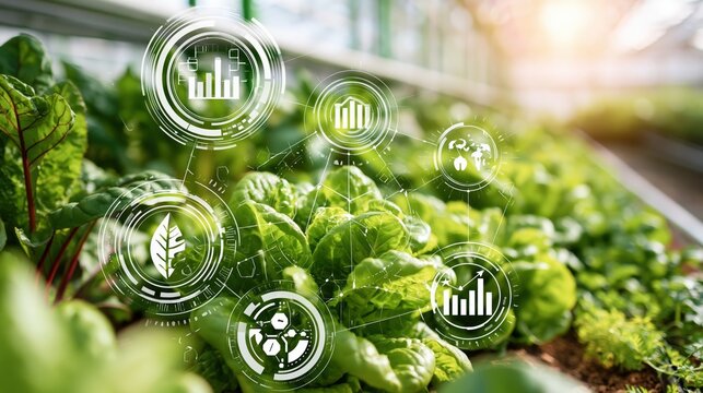 Growing plants are monitored by technological analysis in a greenhouse.