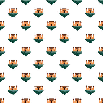 Flying castles on green islands create a whimsical repeating pattern on a white background