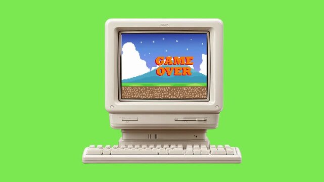 A retro computer monitor displays a vibrant pixelated 'GAME OVER' screen, evoking a nostalgic vintage gaming experience with its classic 8-bit graphics, a true pixelated classic