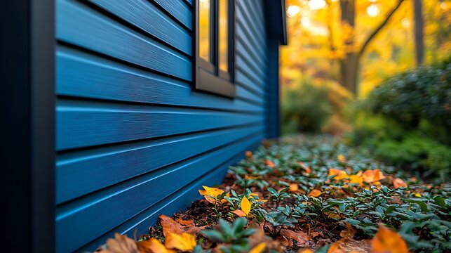 Blue house with autumn foliage.