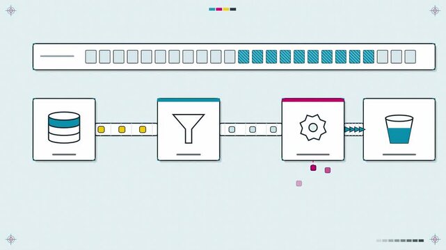 Abstract animated data extracted, transformed and loaded into a warehouse drawn as cyan and teal lines and shapes on a bright, clean light background. Seamless looping 4K motion graphics video with fr