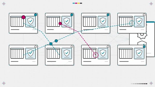 Abstract animated services talking through sidecars over mutual TLS drawn as cyan and teal lines and shapes on a bright, clean light background. Seamless looping 4K motion graphics video with free spa