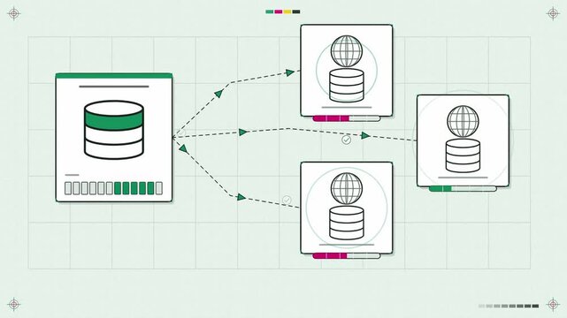Abstract animated database replicated across regions drawn as green and teal lines and shapes on a bright, clean light background. Seamless looping 4K motion graphics video with free space for text, i