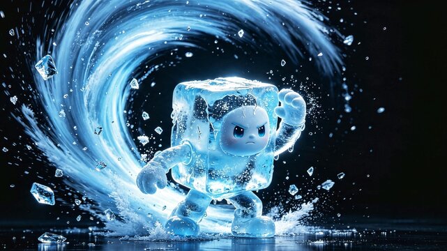 Resolute Ice Cube Character Defying Swirling Blue Vortex & Ice Shards