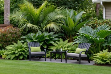 Fototapeta premium Backyard patio creating tropical garden oasis relaxation